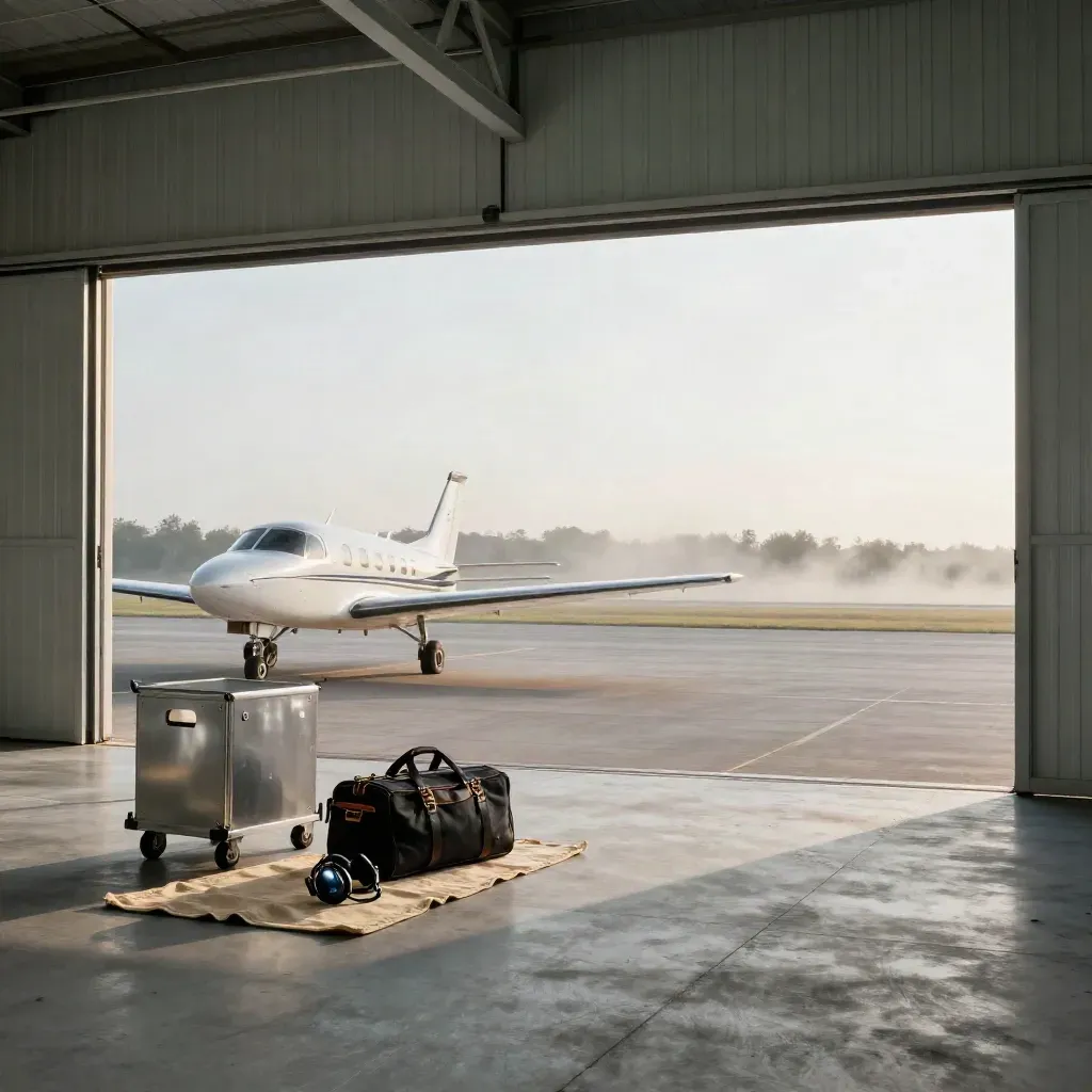 Hangar szkoleniowy z lekkim samolotem, wózkiem serwisowym i słuchawkami w porannym świetle.