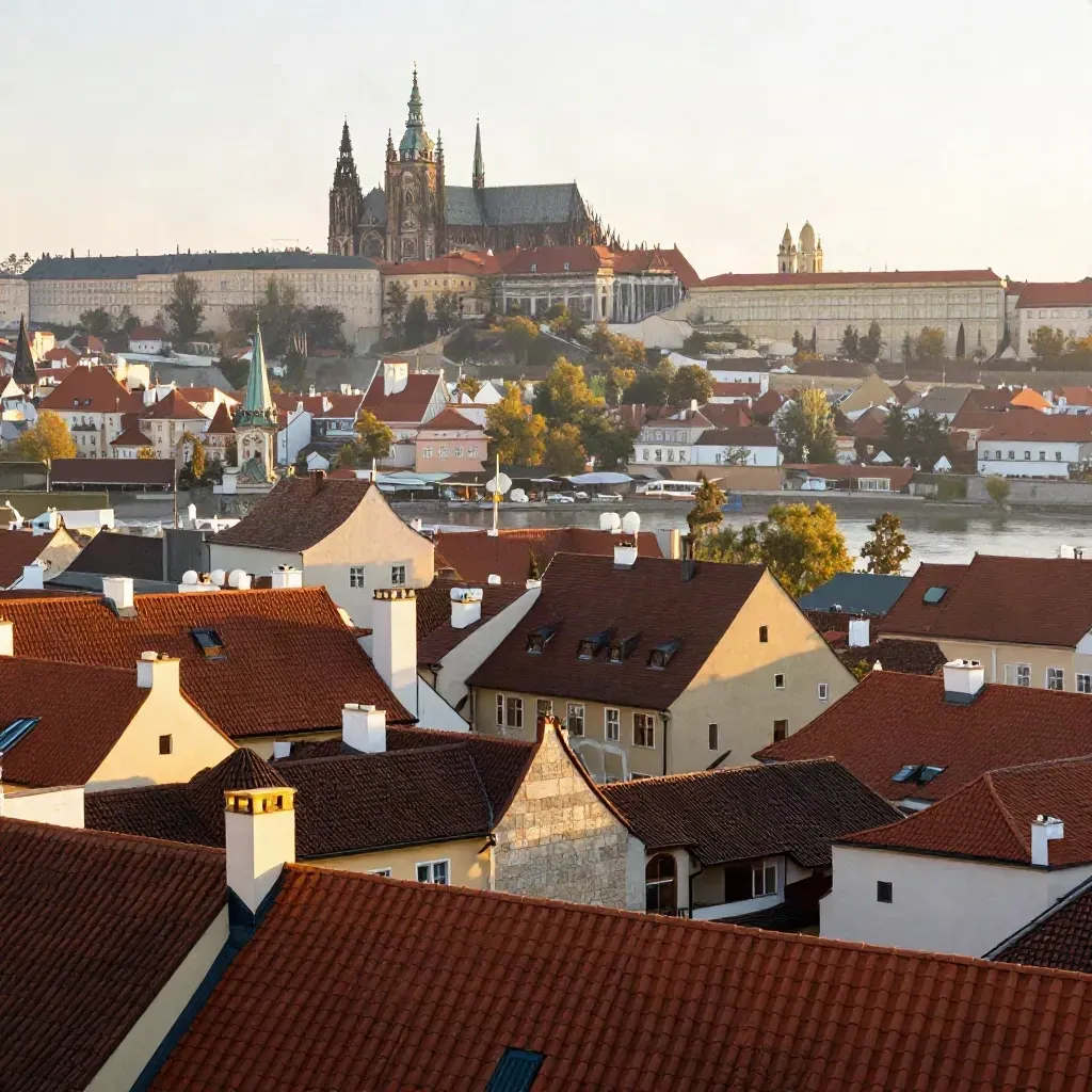 Wzgórze Wawelskie i dachy Krakowa w złotym świetle nad spokojną Wisłą.